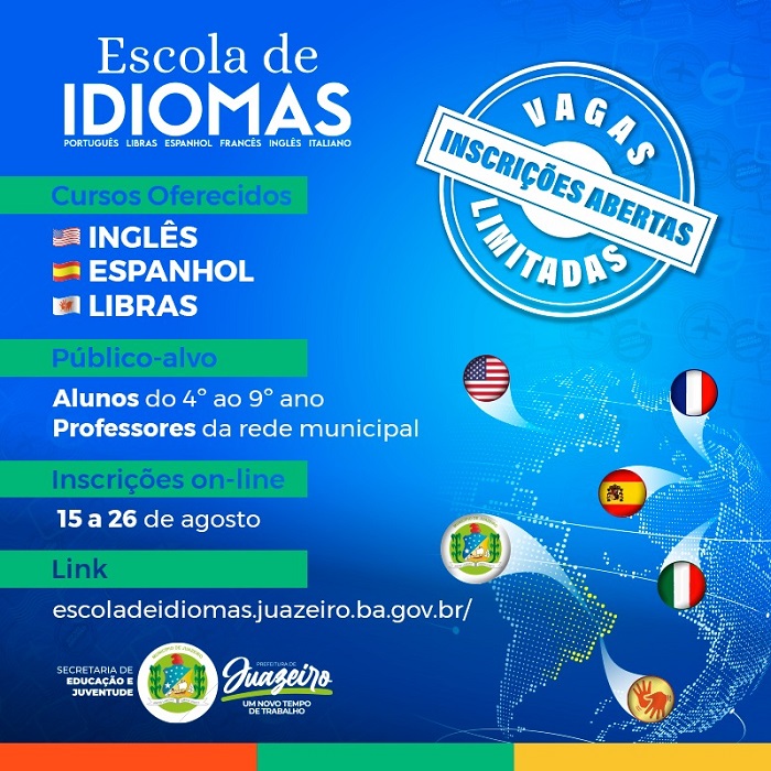 Prefeitura de Juazeiro oferta mais de 500 vagas em cursos de línguas gratuitos que funcionarão na Escola de Idiomas do município