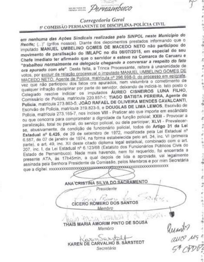 SINPOL-PE repudia a sentença da Corregedoria Geral da SDS em propor aplicação da pena de demissão dos diretores do Sindicato