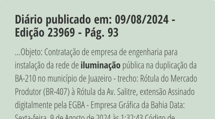 Mais um pedido de Isaac é atendido e governo divulga edital para iluminação da BA-210, diz assessoria