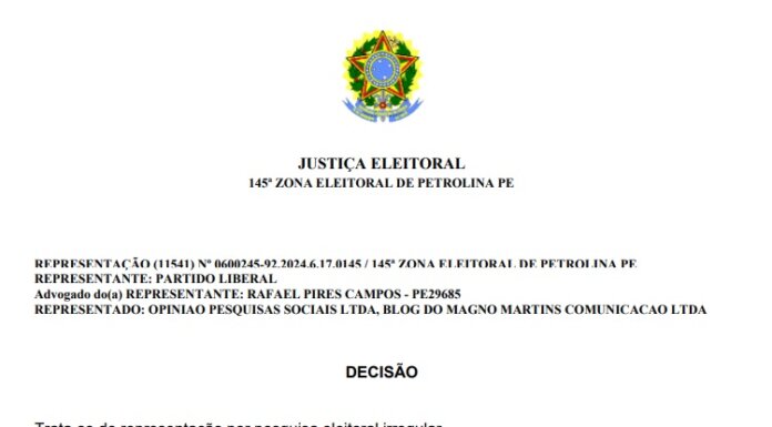 Justiça Eleitoral suspende divulgação de pesquisa divulgada hoje sobre intensão de votos em Petrolina
