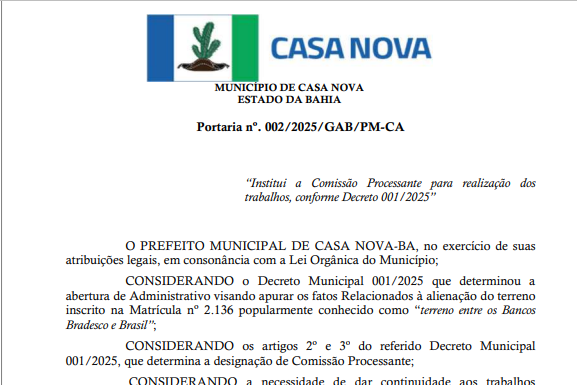 Prefeitura de Casa Nova instaura comissão para investigar venda de terreno entre “terreno entre os Bancos Bradesco e Brasil”