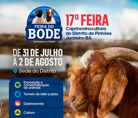 17ª Feira do Bode de Pinhões começa nesta sexta-feira (31) com três dias de programação gratuita, cultura e fortalecimento da produção rural