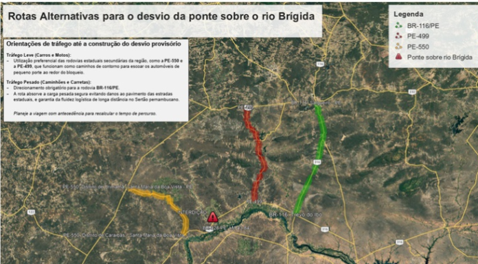 DNIT alerta para desvio provisório próximo à ponte sobre o Rio Brígida, no km 43,84 da BR-428/PE, em Orocó